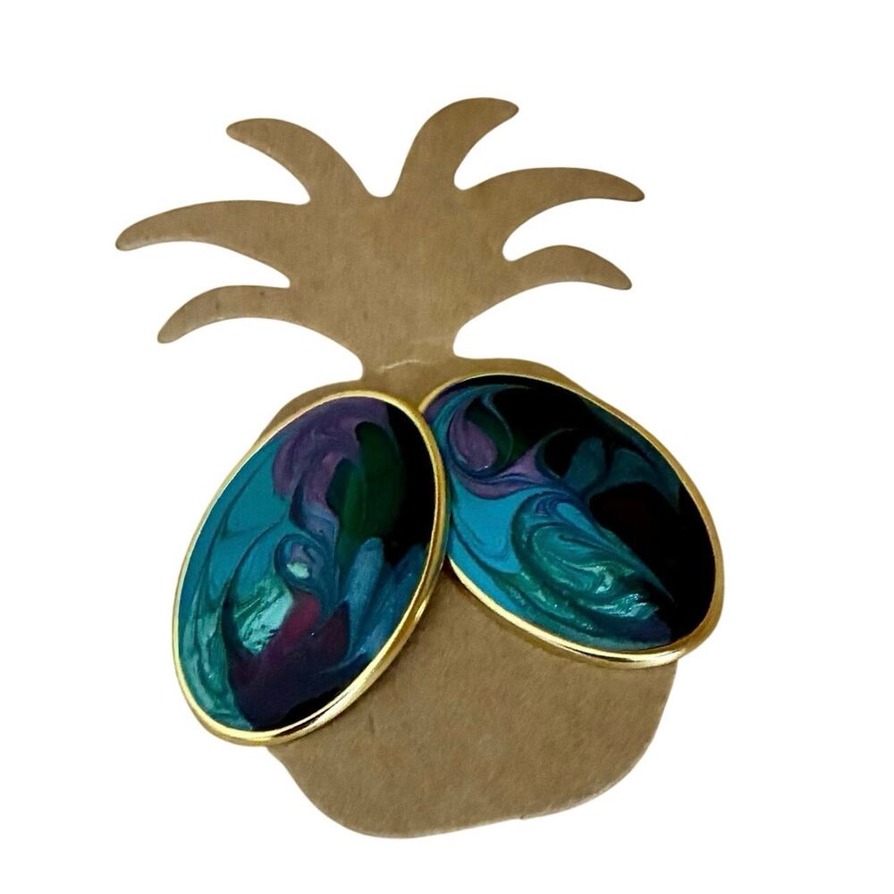 Vintage Oval Enamel Earrings Teal Green Purple Swirl Gold Tone Pierced Posts